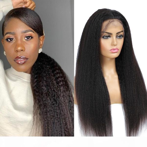 

kinky straight lace front wigs for black women yaki straight 13x4 lace front wigs 150% density pre plucked with baby hair, Black;brown