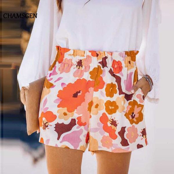 

chamsgen women's summer women 2020 sport casual beach floral printed high elastic waist pockets shorts f528, White;black