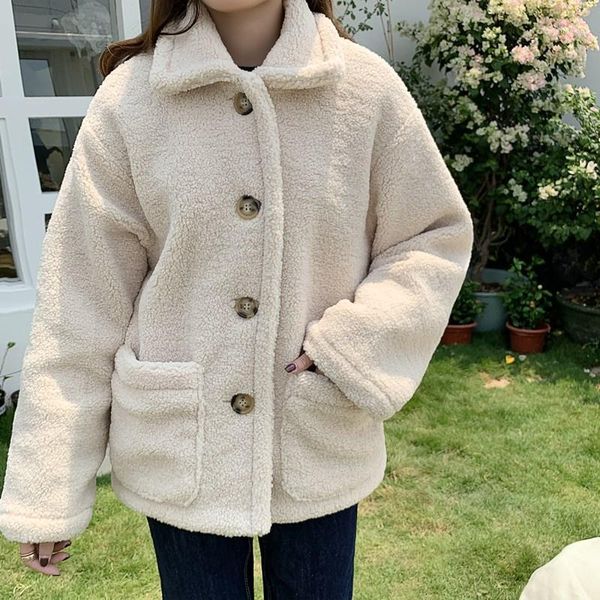 

korean short fake fur jacket long sleeved coat autumn winter oversized ladies cotton liner warm 2020 casual, Black