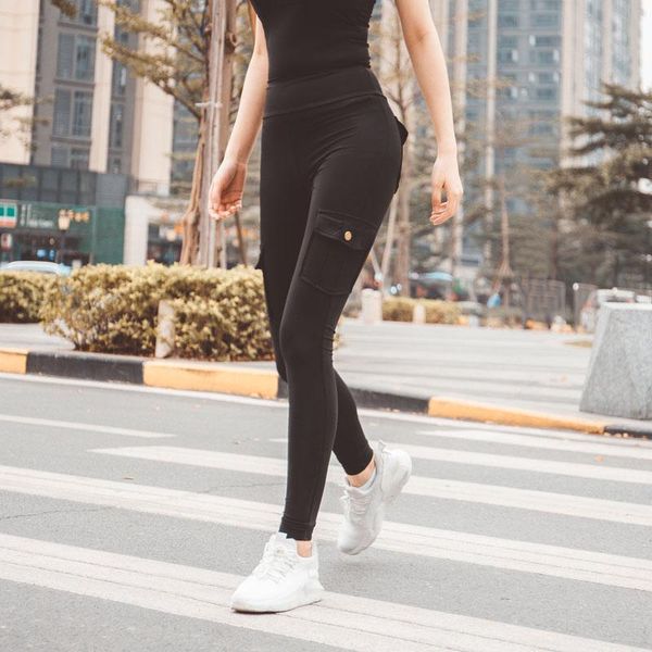 

running pants solid color women stretch leggings casual sport yoga pencil female elastic high waist multi pocket skinny tight trousers, Black;blue