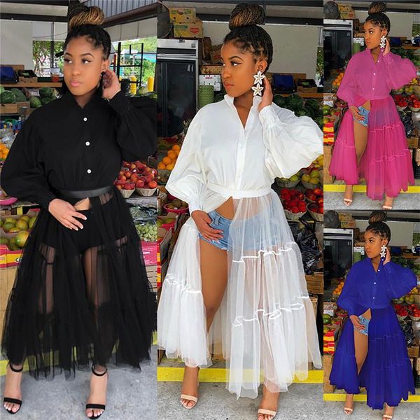 

women's blouses & shirts thornÂ tree 2021 spring fall women blouse mesh puff long sleeve vintage ruffles tulle v-neck buttons up feminin, White