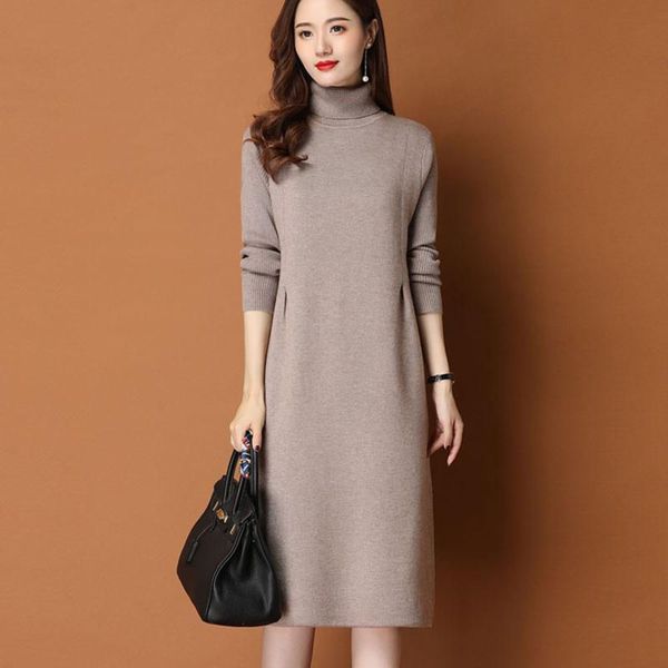 

autumn winter 2021 new loose fit medium and long high neck sweater bottomed shirt women's thickened over knee knitted slim dress, Black;gray