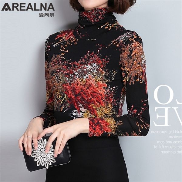 

fashion women blouse kimono vintage floral print black mesh ladies slim long sleeve plus size women's turtleneck shirt y200422, White