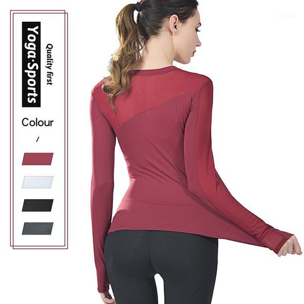 

yoga outfits long-sleeved female quick-drying mesh yarn running outdoors fitness coat cultivate morality show thin for the female1, White;red