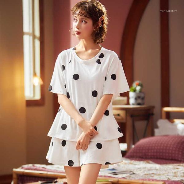 

women's sleepwear cotton dot pyjamas women's pajamas short sleeve ladies pijama sets homewear lounge wear t-shits camisola1, Black;red