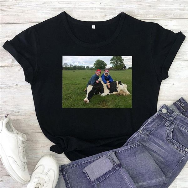 

koe knuffelen t shirt women cow print short sleeve around neck femme t shirts harajuku aesthetic graphic t shirts, White