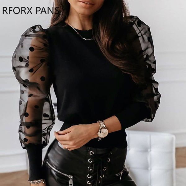 

mesh dot puffed sleeve blouse womens and blouses t200321, White