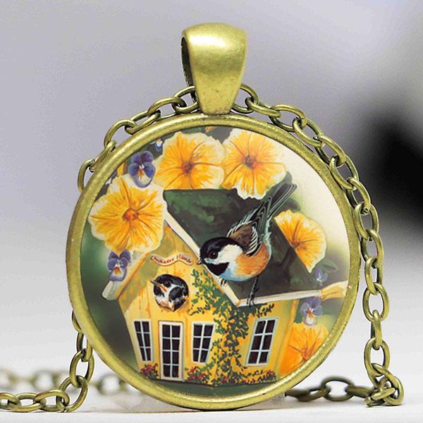 

pendant necklaces vintage jewelry birds art picture glass necklace ancient bronze flower accessories chain for women men, Silver