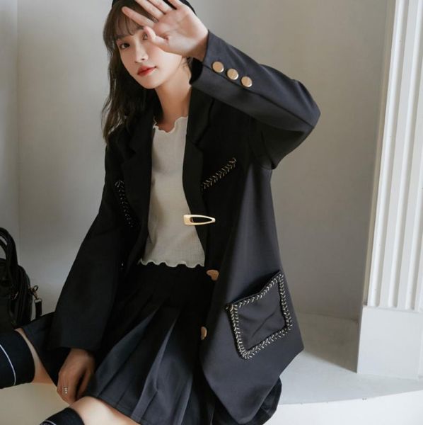 

korean version of personality fashion loose small suit 2021 autumn new color contrast pocket dark suit jacket single breasted, White;black