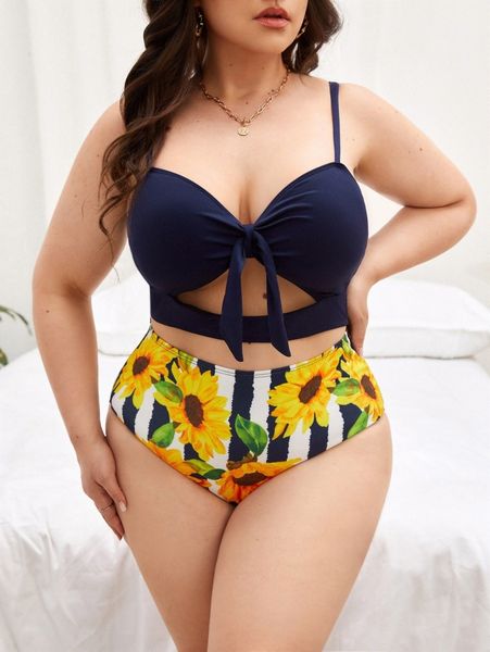 

plus sunflower print cut-out bikini swimsuit r5kq#, Black