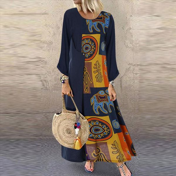 

autumn women plus size 5xl dress casual loose long sleeve print maxi dress patchwork party long dresses vestidos de festa 2020, Black;gray