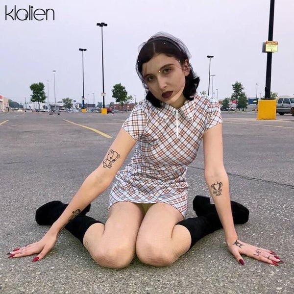 

casual high street short sleeve plaid mini women dress waist slim fashion bodycon summer style kg-309, Black;gray