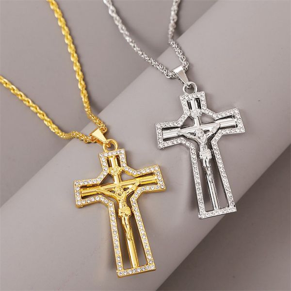 

hip hop cross necklace bling iced out pendant necklaces jewelry gold slver chains rhinestone statement necklace women men kimter-c307fz