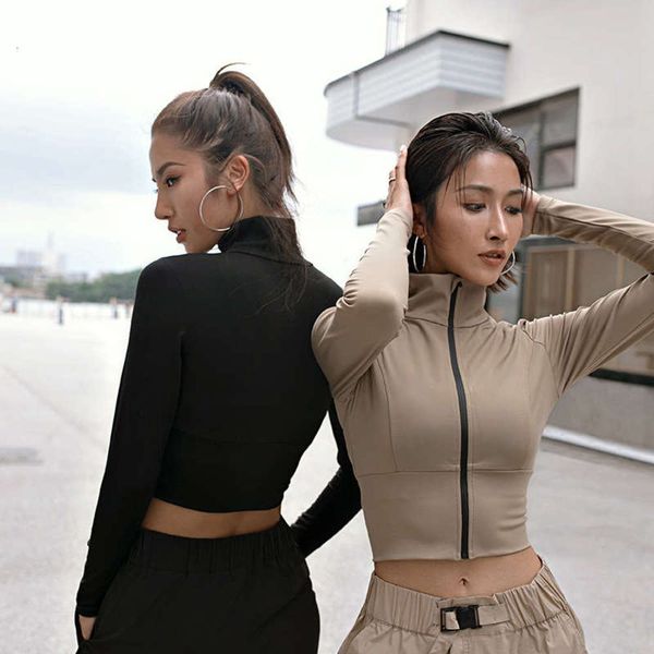 

autumn running new women's short fitness yoga dress solid color exercise cardigan zipper jacket, Gray