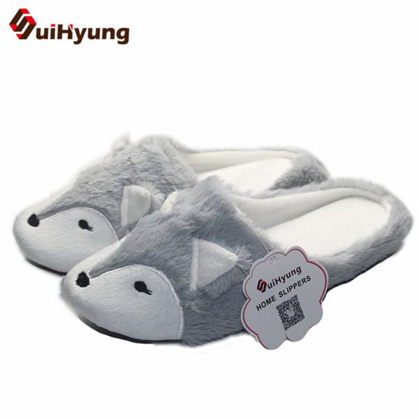 

suihyung autumn winter home slippers lovely fox women fluffy slippers soft warm fur slides ladies indoor shoes furry flip flops y200706, Black