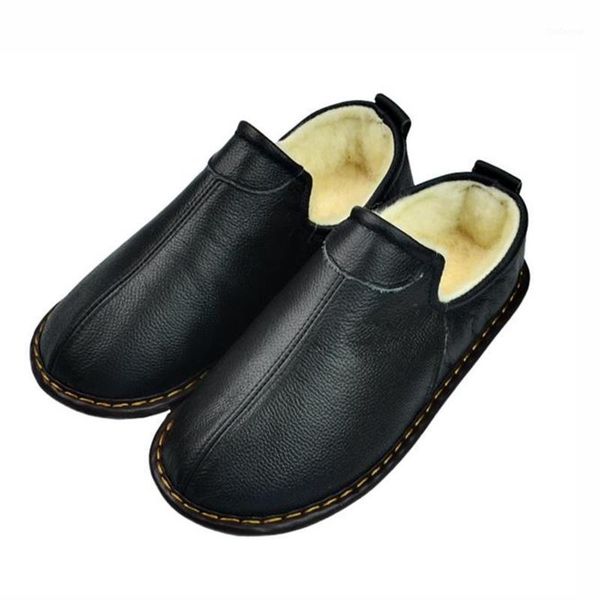 

slippers men women house cover heel winter warm indoor flat shoes soft comfortable wool fur home bedroom slides cow leather1, Black