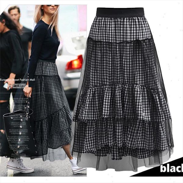 

2021 new summer autumn plaid pleated skirts women high waisted long womens black mesh maxi school skirt beach female skirts