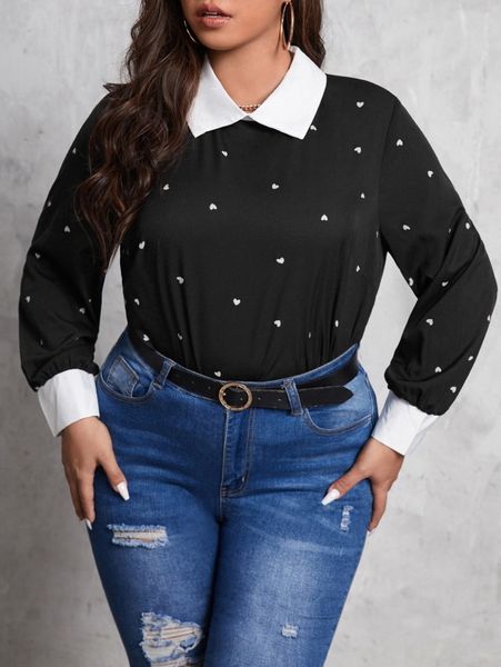 

plus heart print contrast collar blouse o6nx#, Black