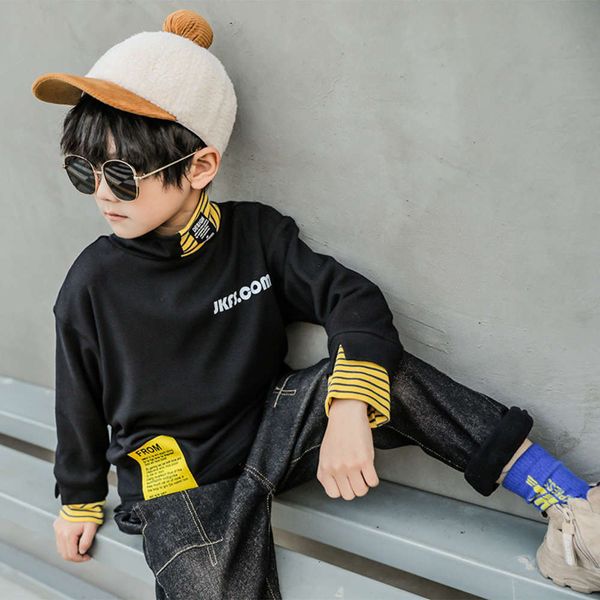 

and winter base boys' autumn shirt 2020 new zhongda foreign sle one veet long sve t-shirt children's high collar men's sweate, Black