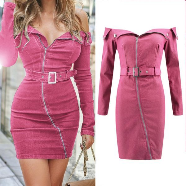 

2021 new brim vests off the shoulder mini-jeans long sleeves of women slash neck jeans dressed in summer sheaths thin qi1o, Black;gray