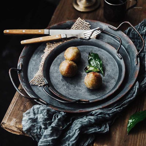 

kitchen storage & organization european retro metal plate with handles handcrafted round wrought vintage bread tray home decoration garden r