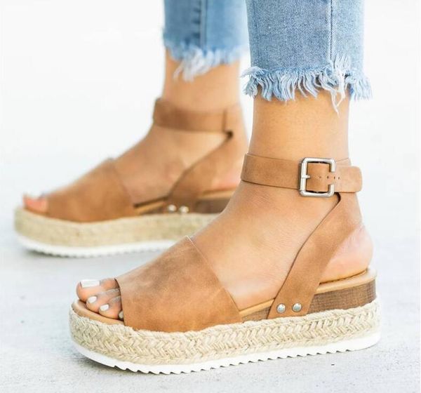 

women platform wedges summer gladiator sandals ladies peep toe buckle strap casual sandals female flats slingback shoes, Black
