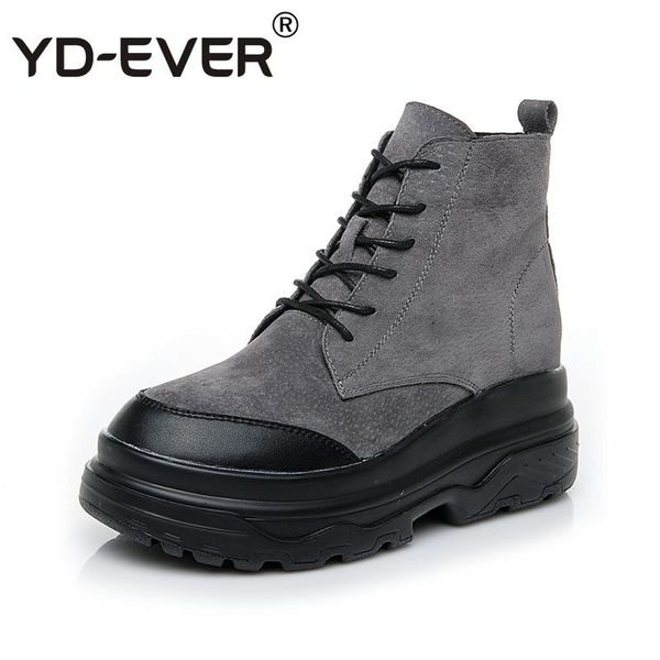 

boots yd-ever 6cm genuine leather women casual shoes platform wedge sneakers spring autumn lace up ankle, Black