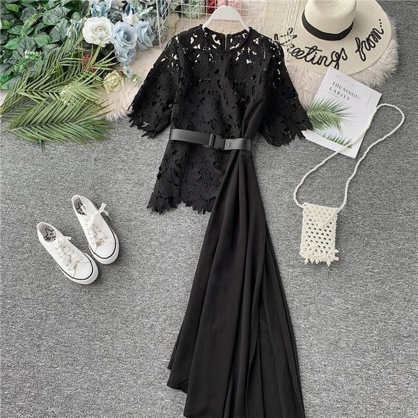 

ewq] 2020 summer new round neck lace short sleeve hollow stitching chiffon irregular ladies casual holiday dress qv1509, Black;gray