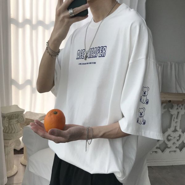 

summer creative cartoon printed men's lovers trend large size loose and handsome half sleeve short t-shirt, White;black