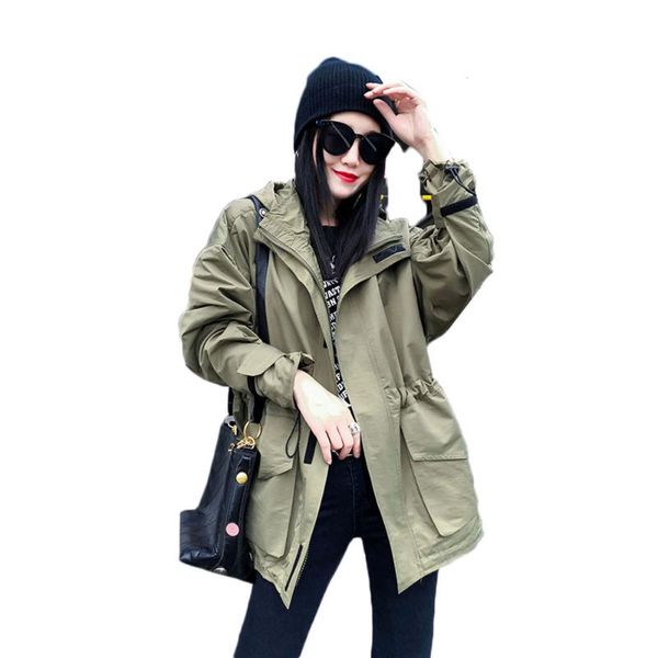 

women trench coat waterproof solid feminina hooded windbreaker autumn long sleeve slim drawstring outerwear ladies tooling 149, Tan;black