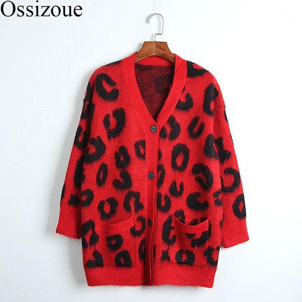 

runway women cardigans 2020 autumn spring red leopard sweater v-neck coats cardigan knitted pockets long loose casual outwear1, White