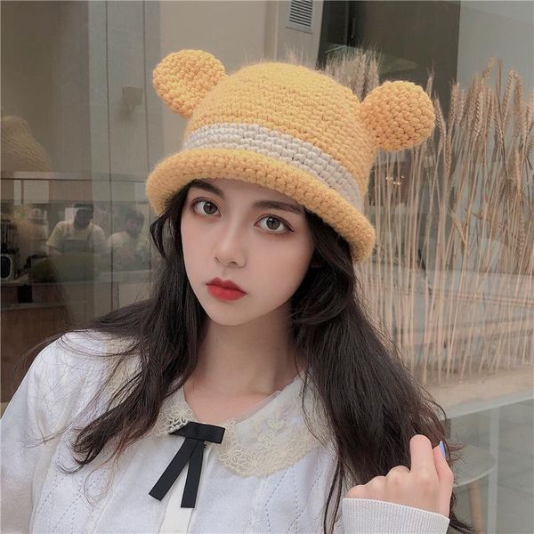 

wide brim hats 2021 designer winter chunky knit bucket hat for women cute bear ears beanie teenagers sweet striped skullcap po props, Blue;gray
