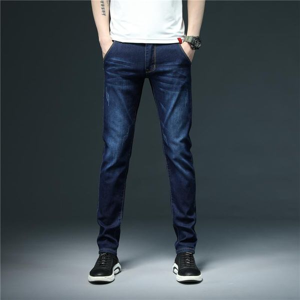 

men's fitted slim cotton stretch denim jeans 2021 spring classic brand clothing boys fashion jeans blue gray black green khaki