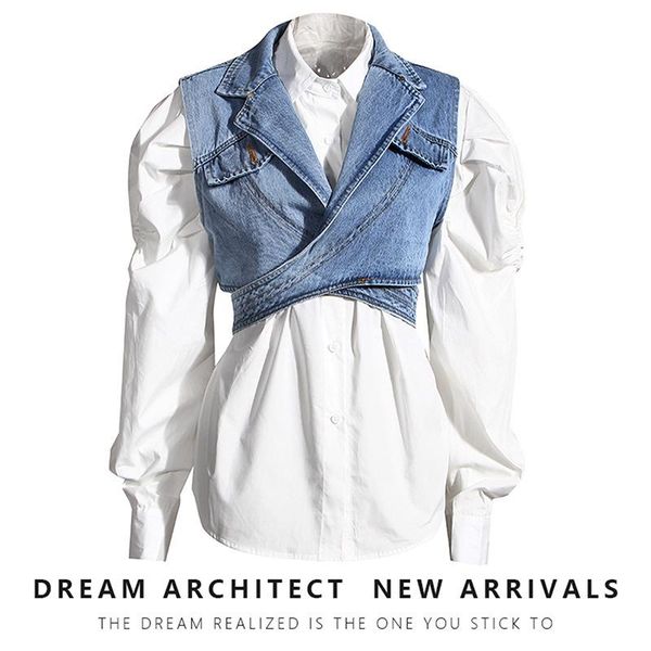 

women's tracksuits 2021 autumn two-piece short irregular denim vest puff sleeve shirt loose fashion suit women, Gray