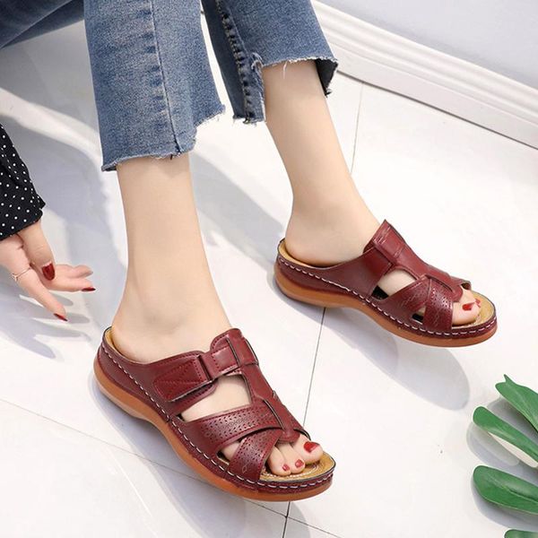 

big size sandals for women ladies 2021 fashion retro slipper orthopedic sandals platform wedge summer, Black