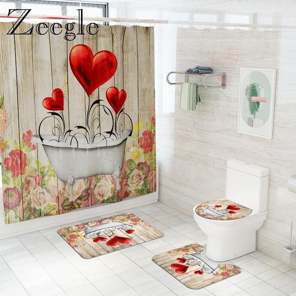 

3d red heart bath mat and shower curtain set absorbent bathroom floor mat printed bathroom carpet microfiber bath foot