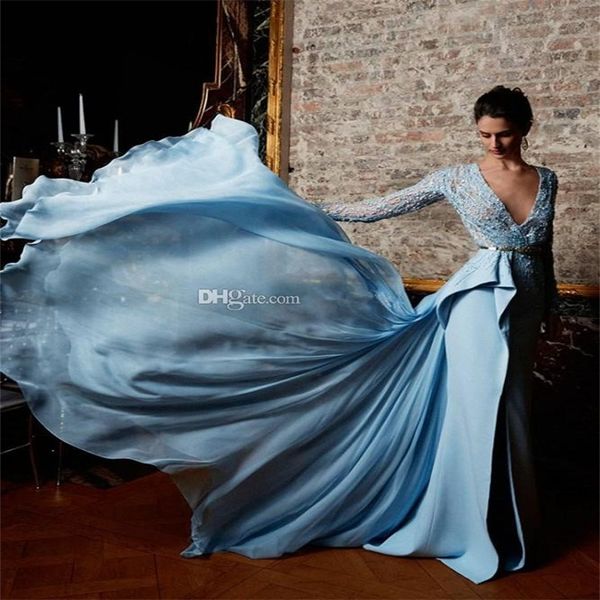 Zuhair Murad Abito da sera azzurro cielo Perle Design Appliques in pizzo Chiffon Overskirts Abiti da sera Maniche lunghe Abiti da ballo di fine anno