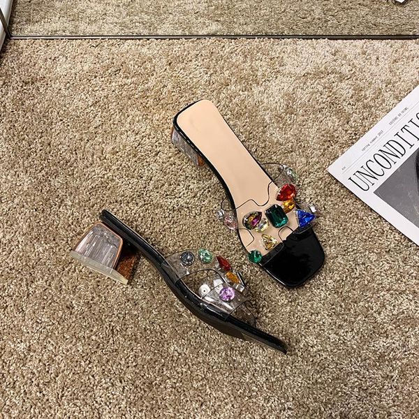 

clear transparent women shoes woman mules new summer thick mid heels ladies shoes crystal diamond slippers female slides1, Black