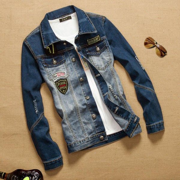 

men's jackets tsingyi whiten distressed hole badge elasticity denim jacket men slim fit turn-down collar long sleeve bomber mens coats, Black;brown