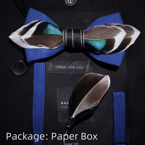

gusleson quality handmade feather bow tie and brooch set for men accessories men's luxury bowtie set with box for wedding gift q wmtqbi, Black;gray