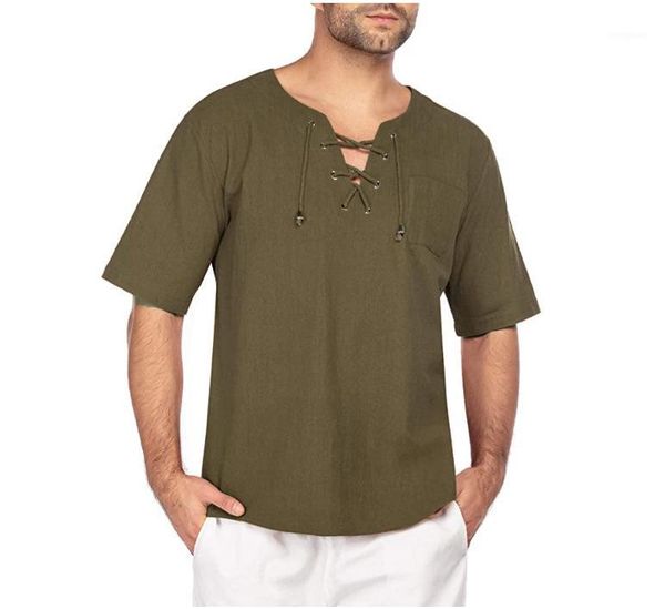 

drawstring linen shirt men 2020 short sleeve mens linen shirts chemise homme solid color breathable thin male shirts with pocket1, White;black