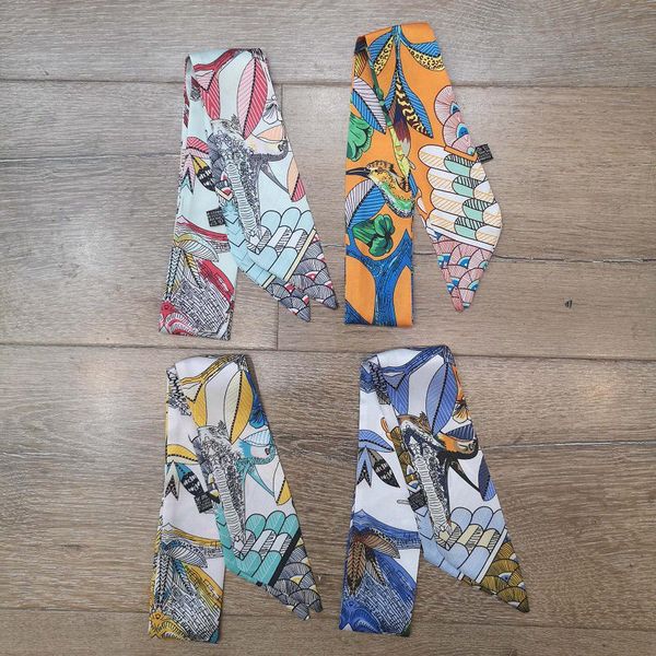

2021 women small silk scarf colorful animal printing ribbons neckerchief waistband multifunctional magic neck bag handle girl scarves wraps, Blue;gray