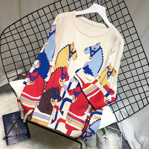 

warm soft women print sweaters lady horse print sweaters carriage woman knitted pullovers female horse knitwear, White;black