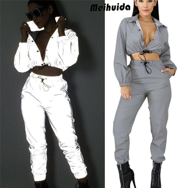 

women lady reflective outfit sport jumpsuit long sleeve 2pcs outfits crop pants sets clubweartrack suit club party, Gray