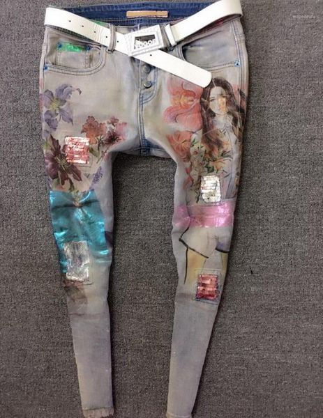 

wholesale- europe fashion boyfriend jeans women hole vintage girls denim pencil beauty printing harem pants female casual slim trousers1, Blue