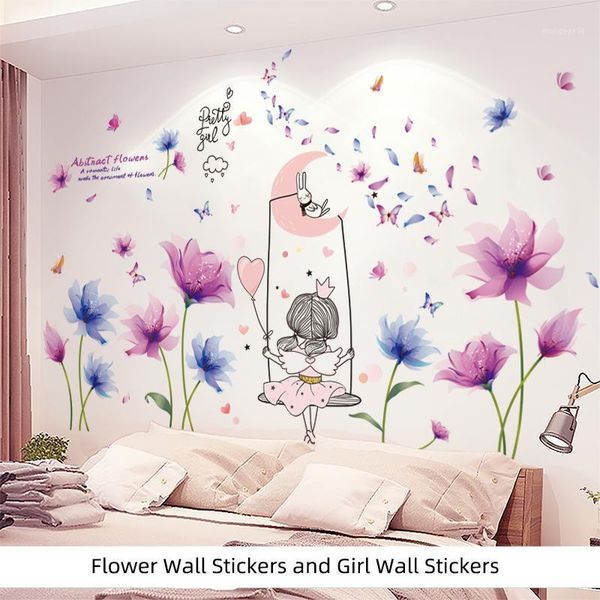 

[shijuekongjian] cartoon girl wall stickers diy flowers plants mural decals for kids bedroom living room house decoration1