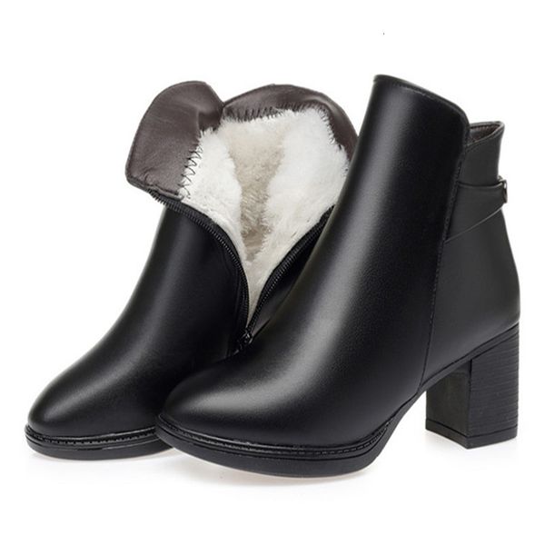 

2021 new winter round toe big size 35-41 42 43 genuine leather snow wool warm boots women high heels 3t2v, Black