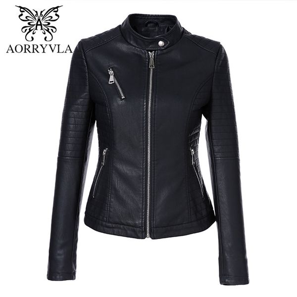 

aorryvla black short autumn womens leather jacket long sleeve mandarin collar moto biker zipper slim quilted pu leather jacket 201226