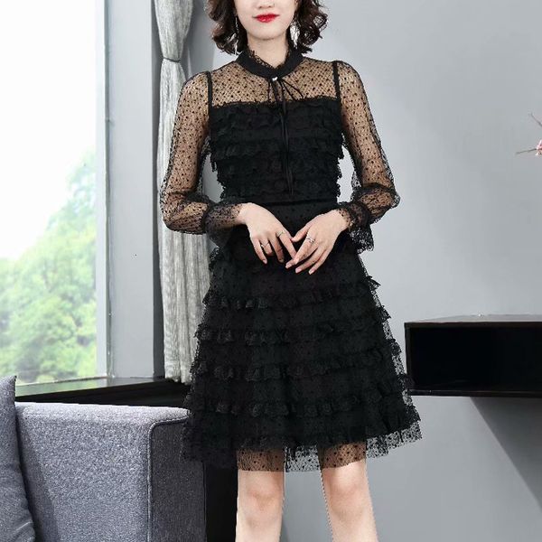 

2021 new autumn retro-embroidered flowers long sleeve tulle thin tempers clothi women's dress nppo, Black;gray