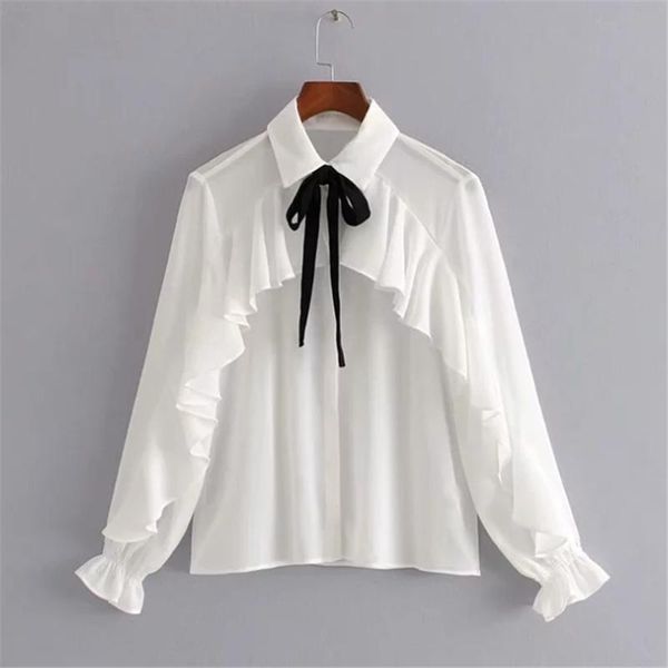 

women white chiffon blouse elegant turn down collar ruffles shirt blouse women loose lady shirts female casual